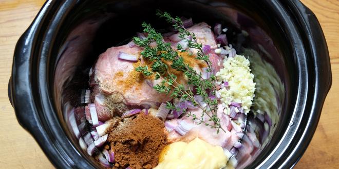 Ingredients for pulled pork slow cooker or crockpot meal ready for cooking.